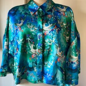 INC International Concepts Teal and Blue Crane Print Button Down Shirt